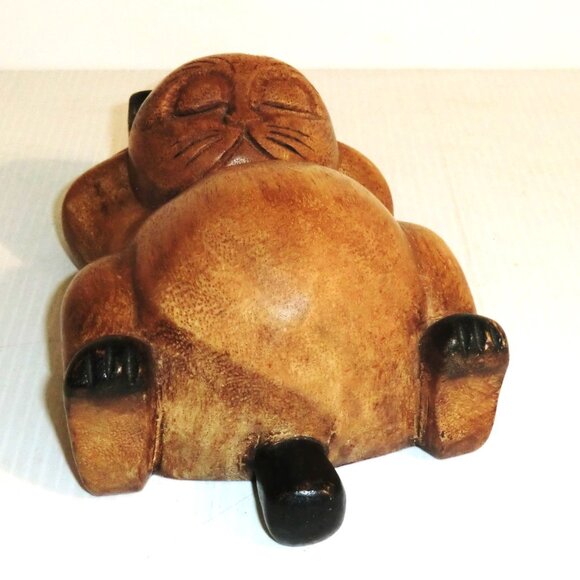 WD1 - SOLID Carved WOOD CAT Vintage Cat Art Paperweight Carved Fish Collection - Picture 7 of 10
